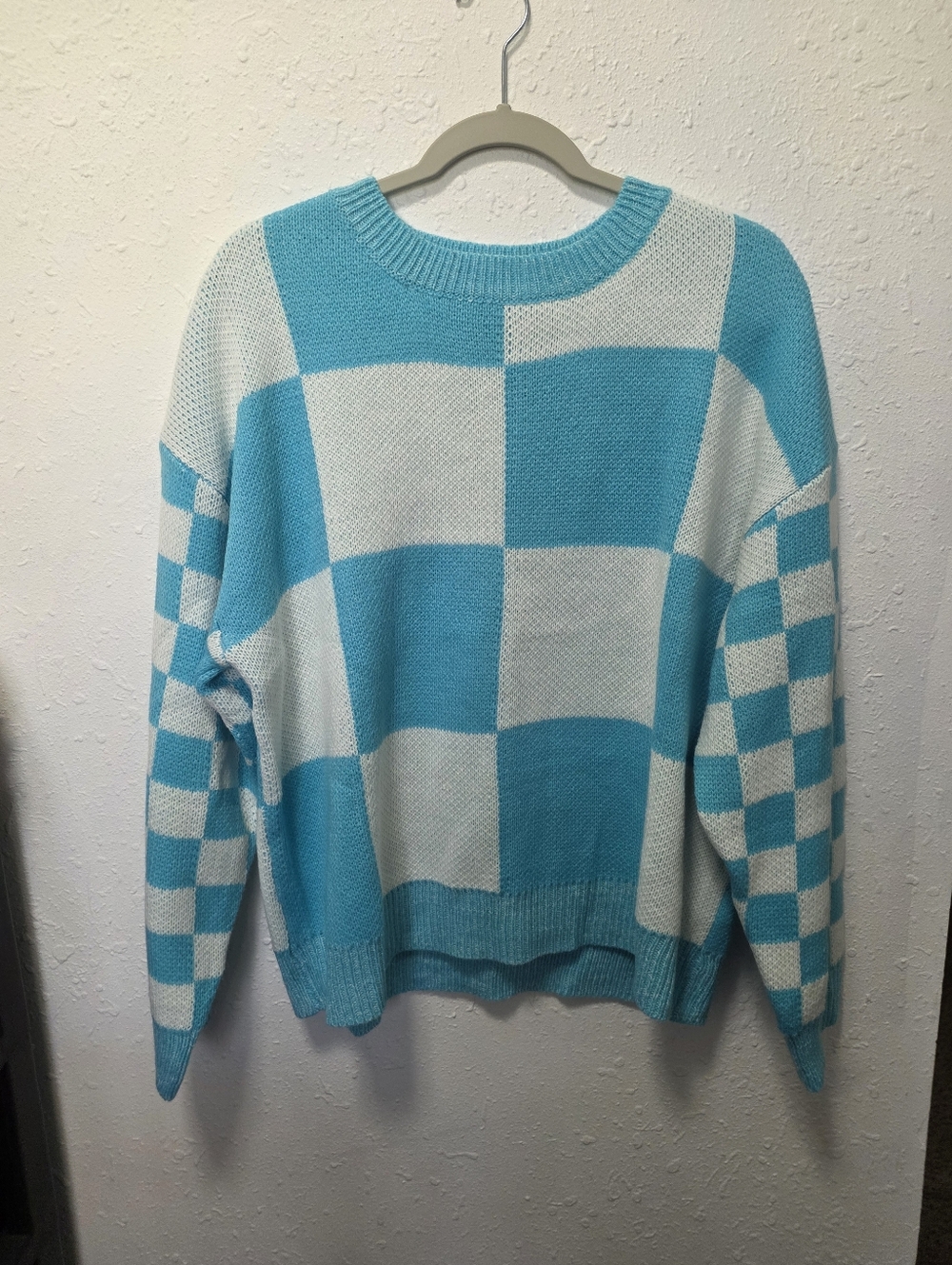 Aqua and White Checkerboard Knit Sweater